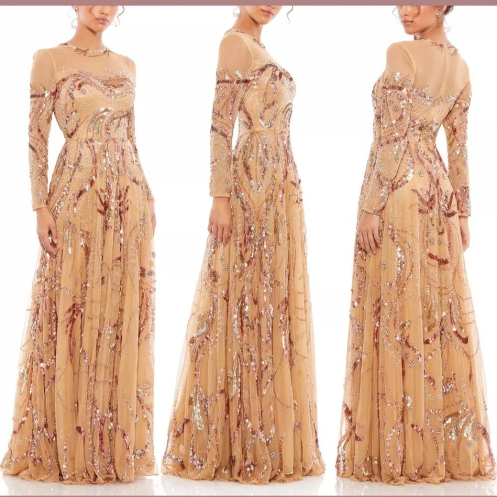 NEW Mac Duggal [18] 5217 Long Sleeve Embellished Illusion Gown in Carmel $798